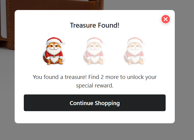 Treasure found modal showing progress of 1 out of 3