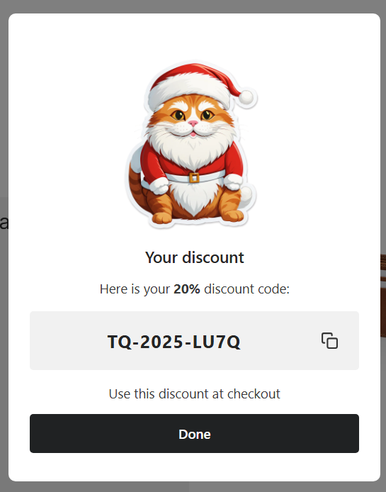 Discount code modal confirming reward delivery