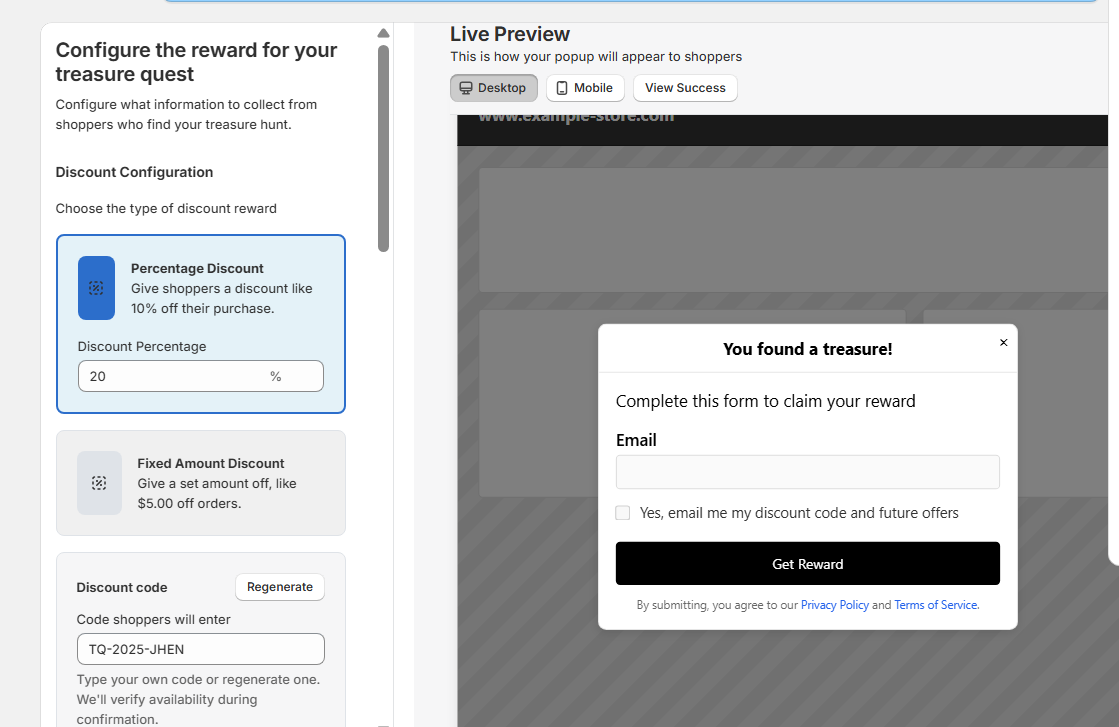 Marketing consent field configuration with live preview
