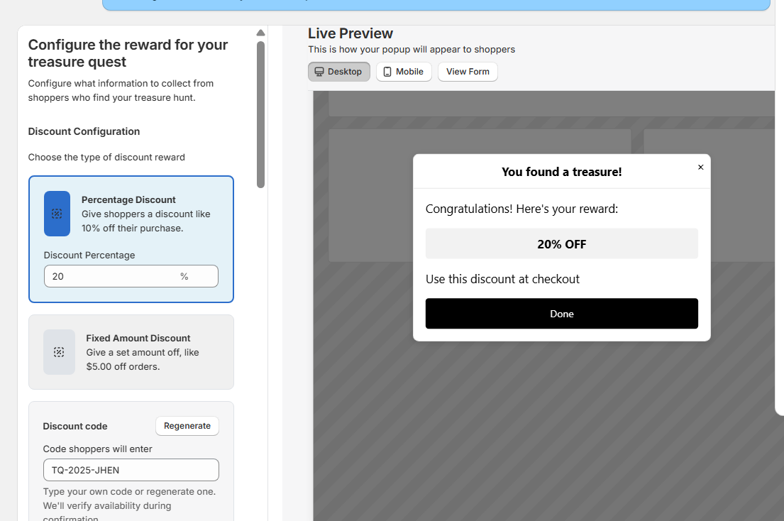 Discount reward configured with percentage and preview