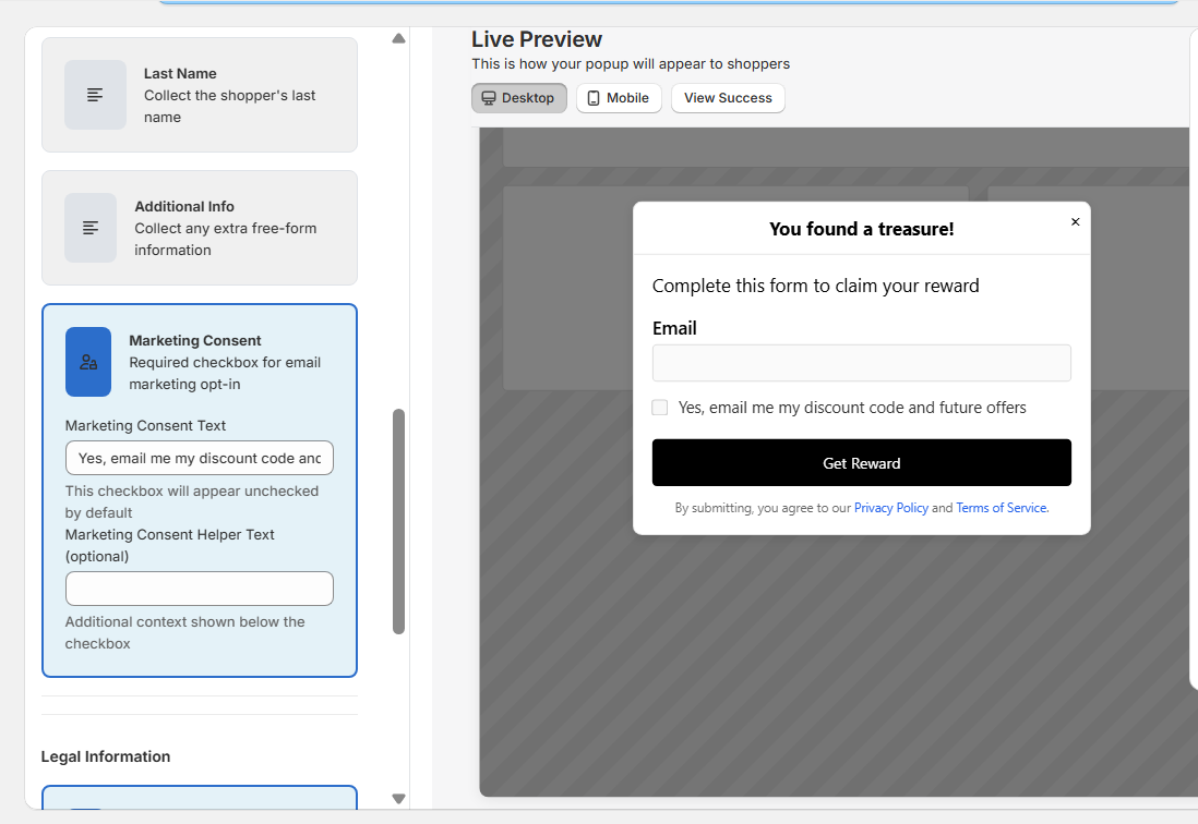 Legal disclosure URLs configured for privacy and terms links