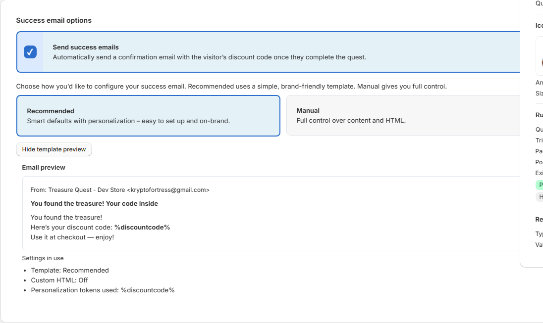 Success email configuration using recommended template