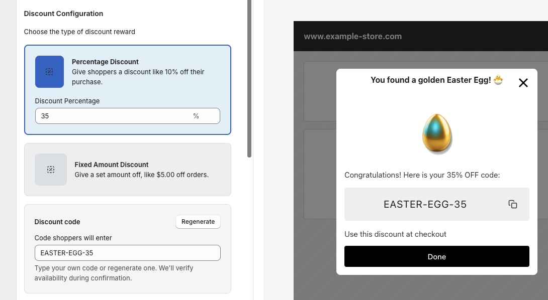 Treasure Quest discount configuration interface showing a golden Easter egg reward popup and email capture