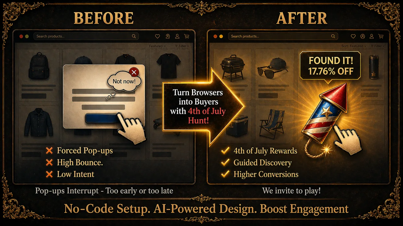 Shopify 4th of July Treasure Hunt App by Treasure Quest showing how a gamified firework rocket reward turns passive summer browsers into buyers.