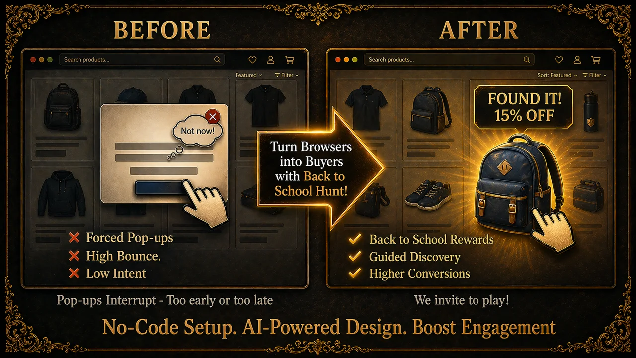 Shopify Back to School Treasure Hunt App by Treasure Quest showing how a gamified backpack reward keeps parents and students shopping longer.