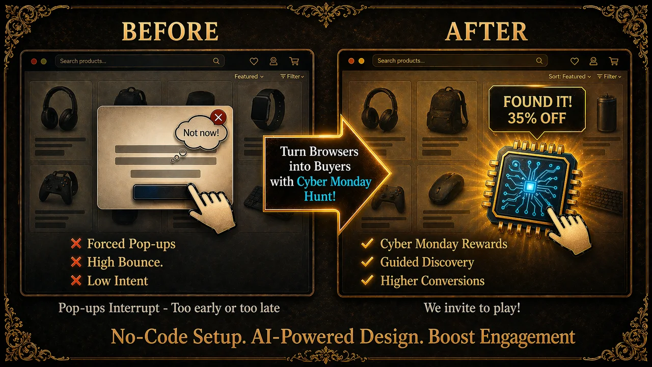 Shopify Cyber Monday Treasure Hunt App by Treasure Quest showing how a gamified circuit-chip reward keeps online deal shoppers engaged.