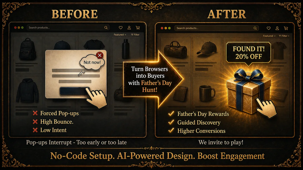 Shopify Father's Day Treasure Hunt App by Treasure Quest showing how a gamified Father's Day gift reward turns passive browsers into buyers.