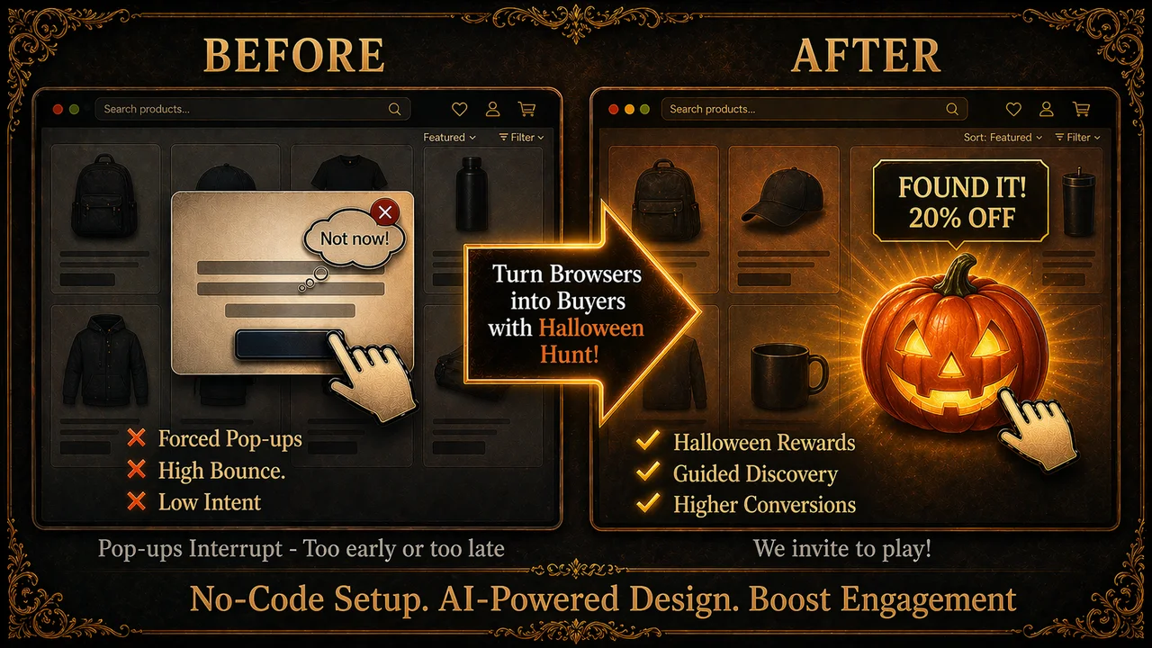 Shopify Halloween Treasure Hunt App by Treasure Quest showing how a gamified jack-o-lantern reward keeps spooky-season shoppers engaged.