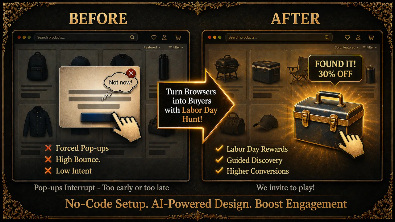Shopify Labor Day Treasure Hunt App by Treasure Quest showing how a gamified toolbox reward turns long-weekend browsers into buyers.
