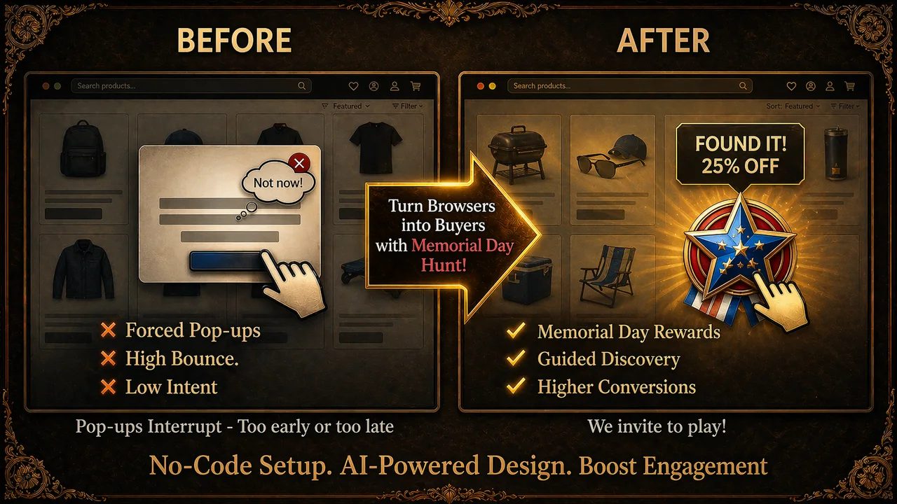 Shopify Memorial Day Treasure Hunt App by Treasure Quest showing how a gamified patriotic star badge reward turns passive browsers into buyers.