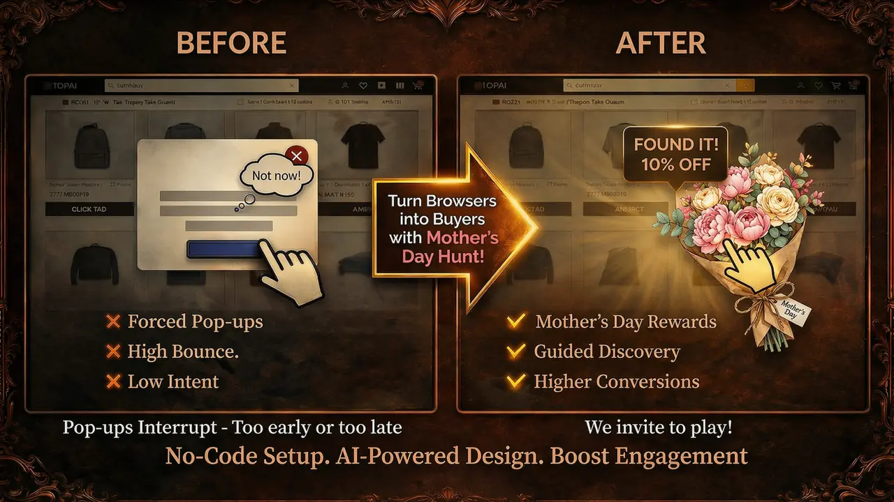 Shopify Mother's Day Treasure Hunt App by Treasure Quest. Before and after comparison showing how gamified treasure hunts replace pop-ups to boost engagement, capture emails, and increase conversions.