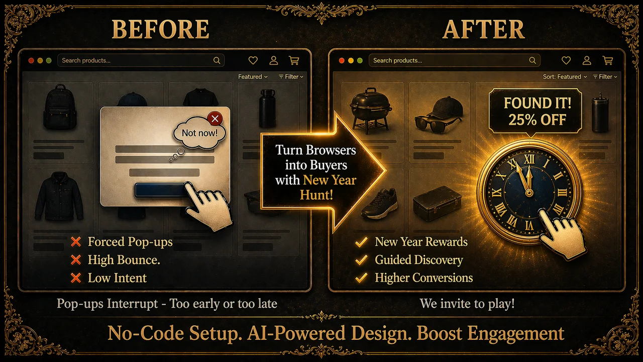 Shopify New Year Treasure Hunt App by Treasure Quest showing how a gamified countdown-clock reward turns resolution shoppers into buyers.