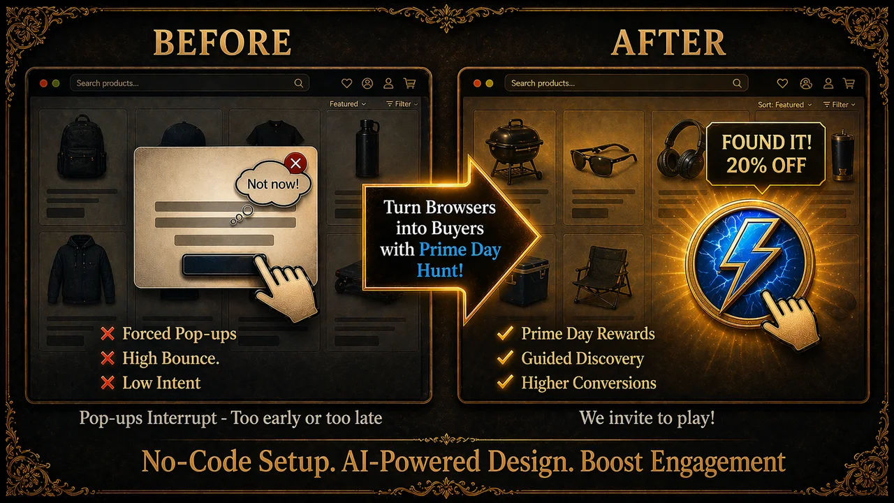 Shopify Prime Day Treasure Hunt App by Treasure Quest showing how a gamified lightning-bolt reward keeps deal shoppers on your Shopify store.