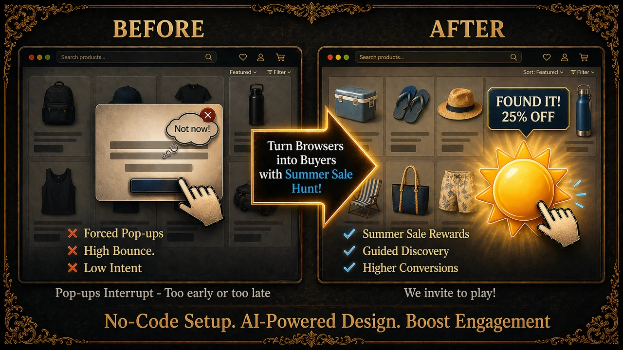 Shopify Summer Sale Treasure Hunt App by Treasure Quest showing how a gamified bright sun reward turns passive summer browsers into buyers.